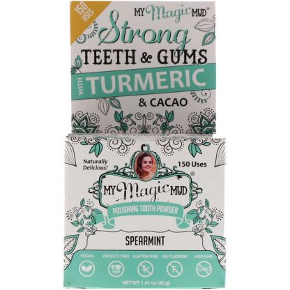 MY MAGIC MUD, POLISHING TOOTH POWDER WITH TURMERIC & CACAO, SPEARMINT, 1.41 OZ / 40g