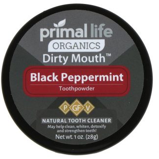 PRIMAL LIFE ORGANICS, DIRTY MOUTH TOOTHPOWDER, BLACK PEPPERMINT, 1 OZ / 28g