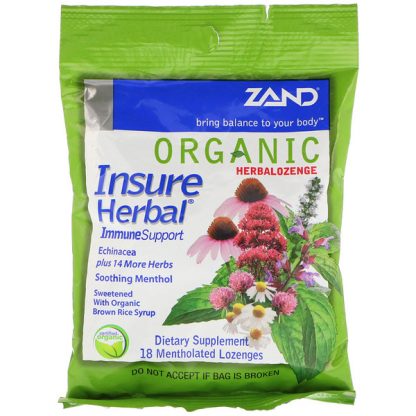 ZAND, ORGANIC HERBALOZENGE, INSURE HERBAL, 18 MENTHOLATED LOZENGES