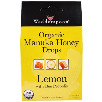 WEDDERSPOON, ORGANIC MANUKA HONEY DROPS, LEMON WITH BEE PROPOLIS, 4 OZ / 120g