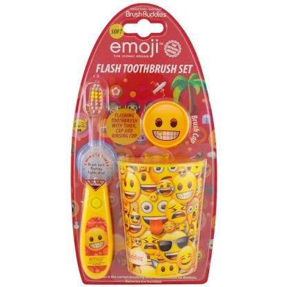 BRUSH BUDDIES, EMOJI, FLASH TOOTHBRUSH SET, SOFT, 3 PIECE KIT