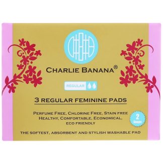 CHARLIE BANANA, REGULAR FEMININE PADS, WHITE, 3 PADS + 1 TOTE BAG