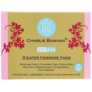 CHARLIE BANANA, SUPER FEMININE PADS, WHITE, 3 PADS + 1 TOTE BAG