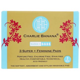 CHARLIE BANANA, SUPER + FEMININE PADS, WHITE, 3 PADS + 1 TOTE BAG
