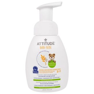 ATTITUDE, SENSITIVE SKIN CARE, BABY, 2-IN-1, NATURAL HAIR AND BODY FOAMING WASH, FRAGRANCE FREE, 8.4 FL OZ / 250ml