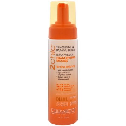 GIOVANNI, 2CHIC, ULTRA-VOLUME FOAM STYLING MOUSSE, FOR FINE LIMP HAIR, TANGERINE & PAPAYA BUTTER, 7 FL OZ / 207ml