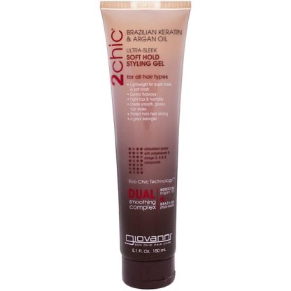 GIOVANNI, 2CHIC, ULTRA-SLEEK, SOFT HOLD STYLING GEL, BRAZILIAN KERATIN & ARGAN OIL, 5.1 FL OZ / 150ml