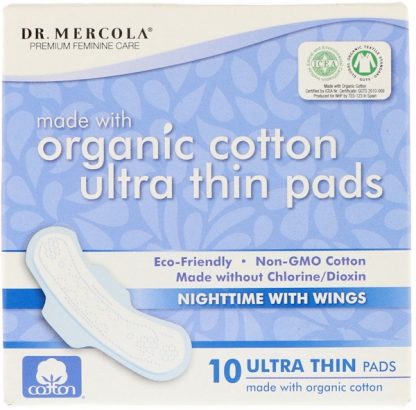 DR. MERCOLA, ORGANIC COTTON ULTRA THIN PADS, NIGHTTIME WITH WINGS, 10 PADS