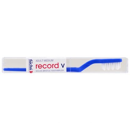 FUCHS BRUSHES, RECORD V, NYLON BRISTLE TOOTHBRUSH, ADULT MEDIUM, BLUE, 1 TOOTHBRUSH