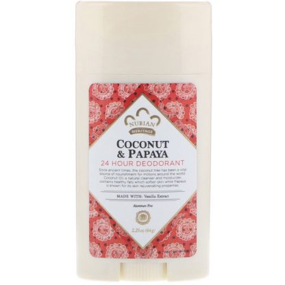 NUBIAN HERITAGE, 24 HOUR DEODORANT, COCONUT & PAPAYA WITH VANILLA OIL, 2.25 OZ / 64g