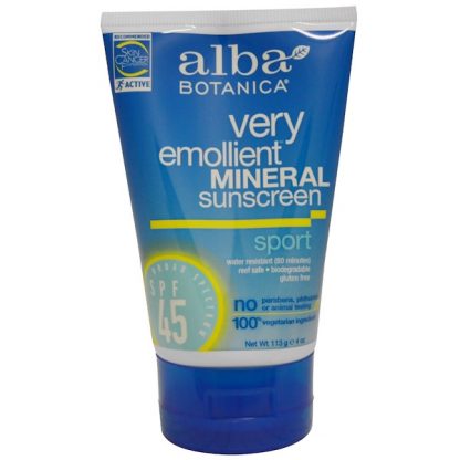 ALBA BOTANICA, VERY EMOLLIENT SUNSCREEN, SPORT MINERAL PROTECTION, SPF 45, 4 OZ / 113g