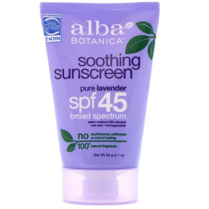 ALBA BOTANICA, SOOTHING SUNSCREEN, SPF 45, PURE LAVENDER, 1 OZ / 28g