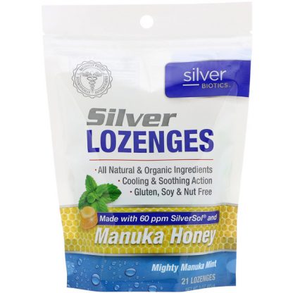 AMERICAN BIOTECH LABS, SILVER BIOTICS, SILVER LOZENGES, 60 PPM SILVERSOL, MIGHTY MANUKA MINT, 21 LOZENGES