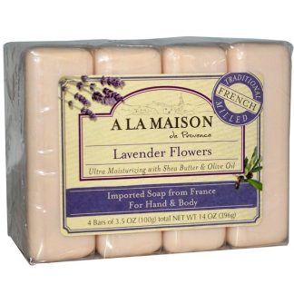 A LA MAISON DE PROVENCE, HAND & BODY BAR SOAP, LAVENDER FLOWERS, 4 BARS, 3.5 OZ / 100g EACH