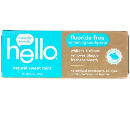 HELLO, FLUORIDE FREE WHITENING TOOTHPASTE, NATURAL SWEET MINT, 4.2 OZ / 119g