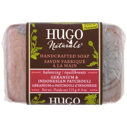 HUGO NATURALS, HANDCRAFTED SOAP, GERANIUM & INDONESIAN PATCHOULI, 4 OZ / 113g