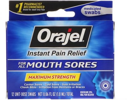 ORAJEL, INSTANT PAIN RELIEF FOR ALL MOUTH SORES, MAXIMUM STRENGTH, 12 SWABS, 0.06 FL OZ / 1.8ml