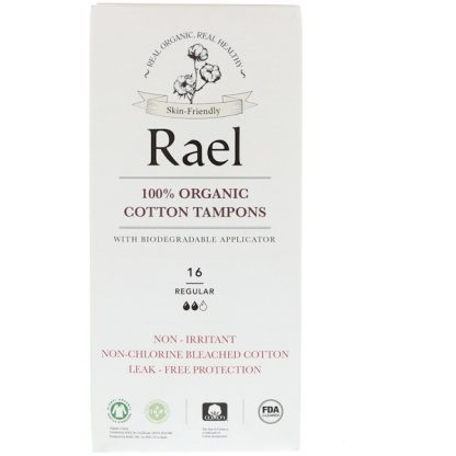 RAEL, 100% ORGANIC COTTON TAMPONS WITH BIODEGRADABLE APPLICATOR, REGULAR, 16 TAMPONS