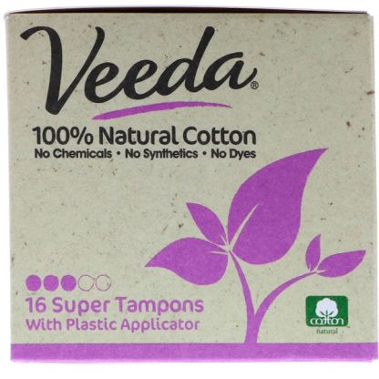 VEEDA, 100% NATURAL COTTON TAMPON WITH PLASTIC APPLICATOR, SUPER, 16 TAMPONS